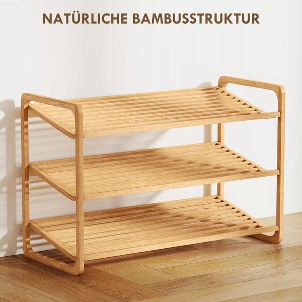 Bambushylly, kenkähylly, eteiskaluste, 3-tasoinen, luonnonpuu/bambu, 30kg kantavuus