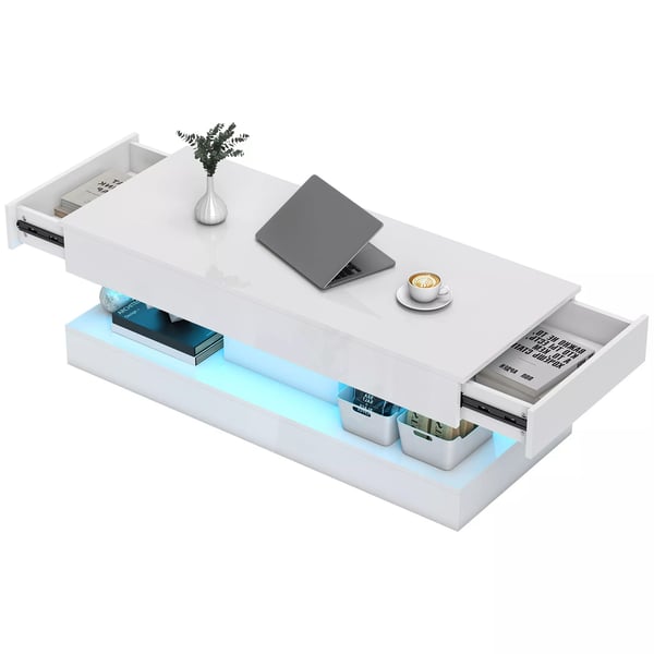 HOMCOM soffbord med lådor och LED-belysning, modernt vardagsrumsbord med öppen hylla, kaffebord, spånskiva, vit