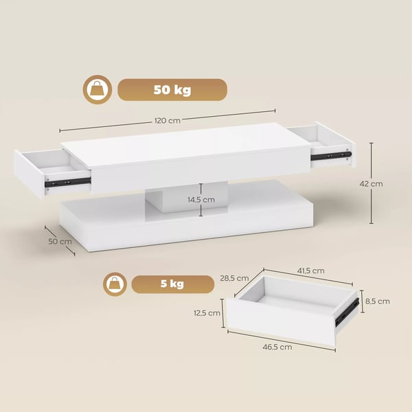 HOMCOM sofabord med skuffer og LED-lys, moderne sofabord med åben hylde, stuebord, spånplade, hvid