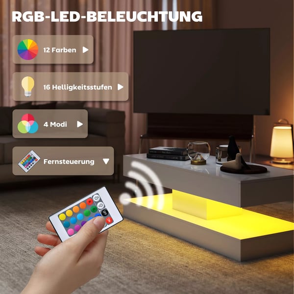 HOMCOM sofabord med skuffer og LED-lys, moderne sofabord med åben hylde, stuebord, spånplade, hvid
