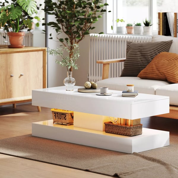 HOMCOM sofabord med skuffer og LED-lys, moderne sofabord med åben hylde, stuebord, spånplade, hvid