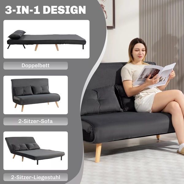 2-sits bäddsoffa, justerbar, mörkgrå polyester