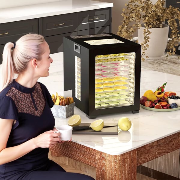 kuivuri, 850 W, 40-70°C lämpötilansäädin, 48 tunnin ajastin, 12 ruostumattomasta teräksestä valmistettua lokeroa, musta