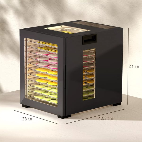 kuivuri, 850 W, 40-70°C lämpötilansäädin, 48 tunnin ajastin, 12 ruostumattomasta teräksestä valmistettua lokeroa, musta