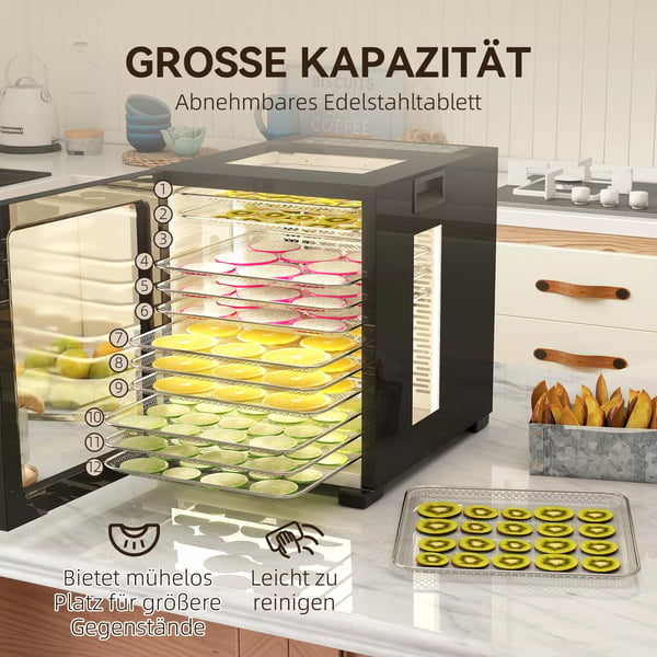 kuivuri, 850 W, 40-70°C lämpötilansäädin, 48 tunnin ajastin, 12 ruostumattomasta teräksestä valmistettua lokeroa, musta