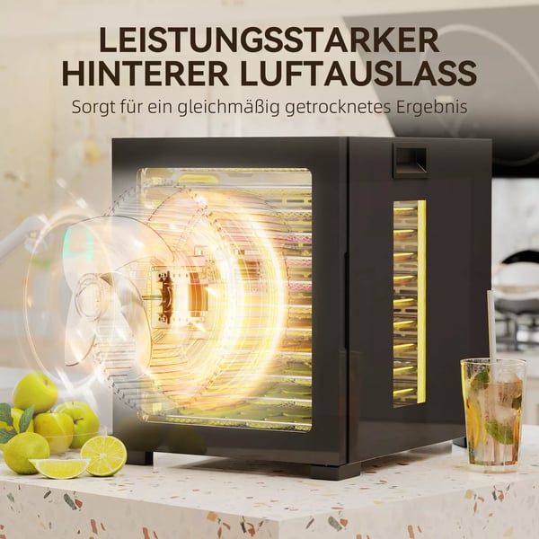 kuivuri, 850 W, 40-70°C lämpötilansäädin, 48 tunnin ajastin, 12 ruostumattomasta teräksestä valmistettua lokeroa, musta