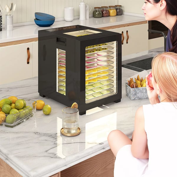 kuivuri, 850 W, 40-70°C lämpötilansäädin, 48 tunnin ajastin, 12 ruostumattomasta teräksestä valmistettua lokeroa, musta