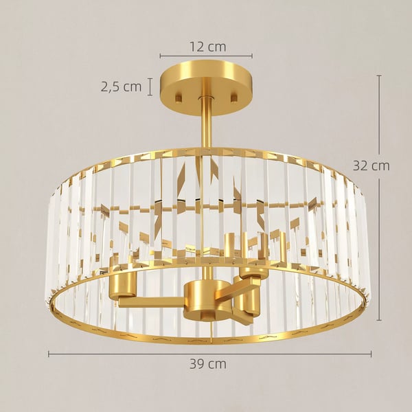 HOMCOM loftlampe, lysekrone-design, krystalskærm, 3 pærer, metal, guld