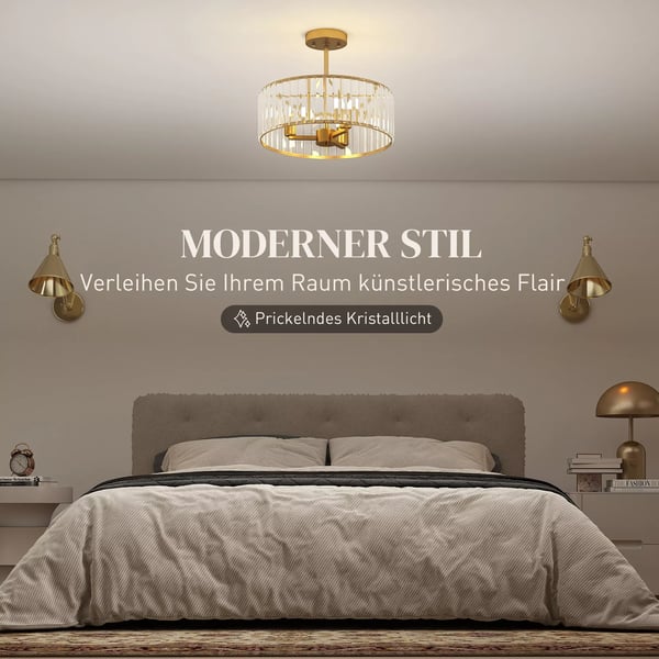 HOMCOM loftlampe, lysekrone-design, krystalskærm, 3 pærer, metal, guld