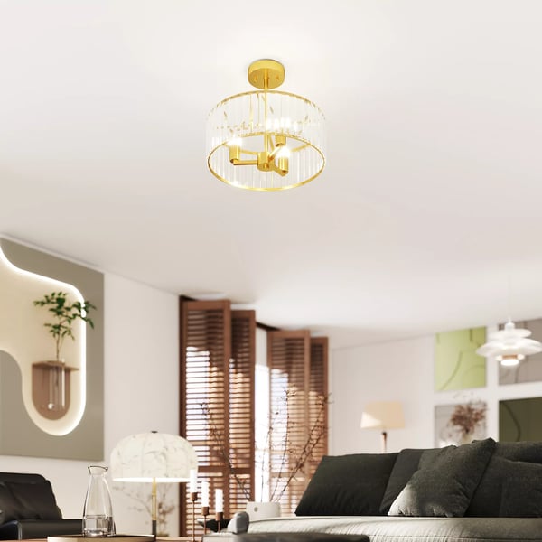 HOMCOM loftlampe, lysekrone-design, krystalskærm, 3 pærer, metal, guld