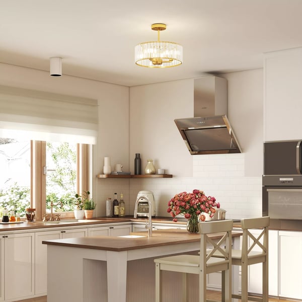 HOMCOM loftlampe, lysekrone-design, krystalskærm, 3 pærer, metal, guld