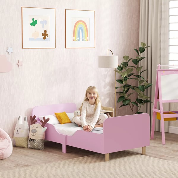 AIYAPLAY Lastensänky, 140x70cm, MDF/Mänty, Suojakaiteilla, Vaaleanpunainen