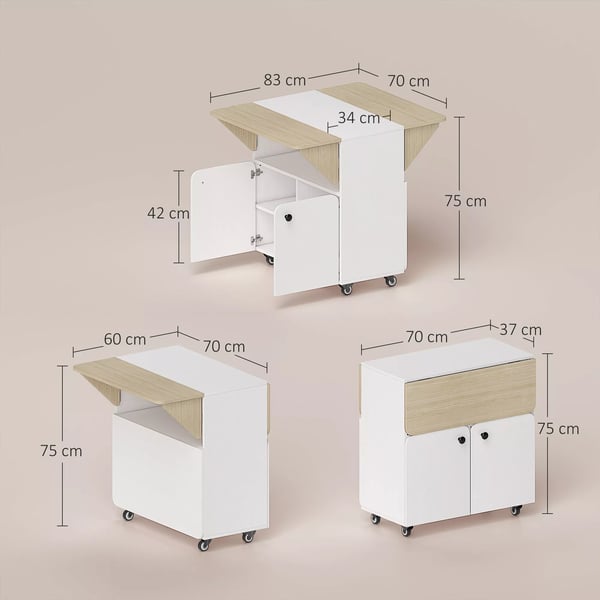 HOMCOM klapbord rullebord, to sammenklappelige sider, skab, 4 hjul, hvid+naturtræ, 70 x 83 x 75 cm