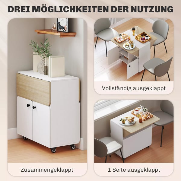 HOMCOM klapbord rullebord, to sammenklappelige sider, skab, 4 hjul, hvid+naturtræ, 70 x 83 x 75 cm