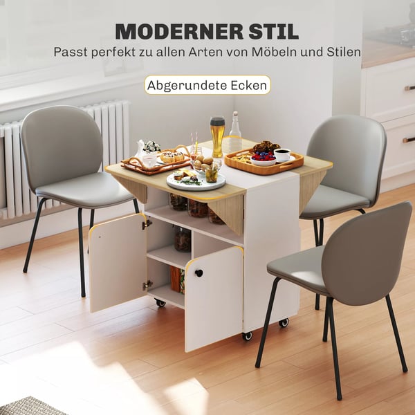 HOMCOM klapbord rullebord, to sammenklappelige sider, skab, 4 hjul, hvid+naturtræ, 70 x 83 x 75 cm