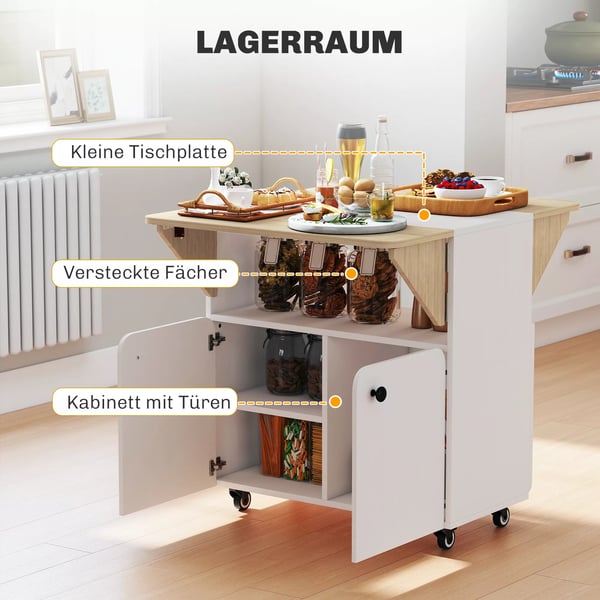 HOMCOM klapbord rullebord, to sammenklappelige sider, skab, 4 hjul, hvid+naturtræ, 70 x 83 x 75 cm