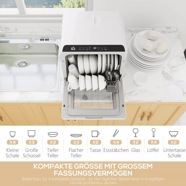 HOMCOM bordopvaskemaskine, miniopvaskemaskine med 6-liters tank, 5 programmer, LED-display, tørrefunktion, hvid