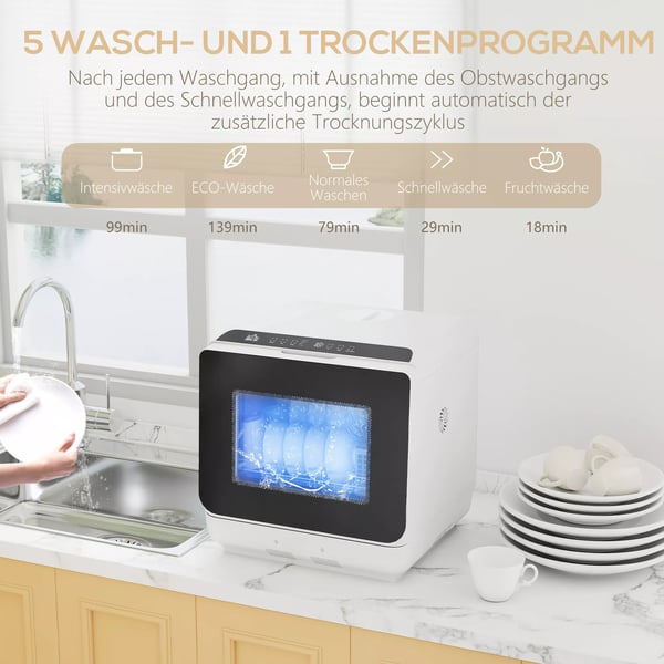 HOMCOM bordopvaskemaskine, miniopvaskemaskine med 6-liters tank, 5 programmer, LED-display, tørrefunktion, hvid