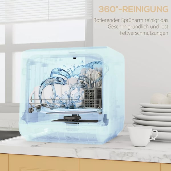 HOMCOM bordopvaskemaskine, miniopvaskemaskine med 6-liters tank, 5 programmer, LED-display, tørrefunktion, hvid