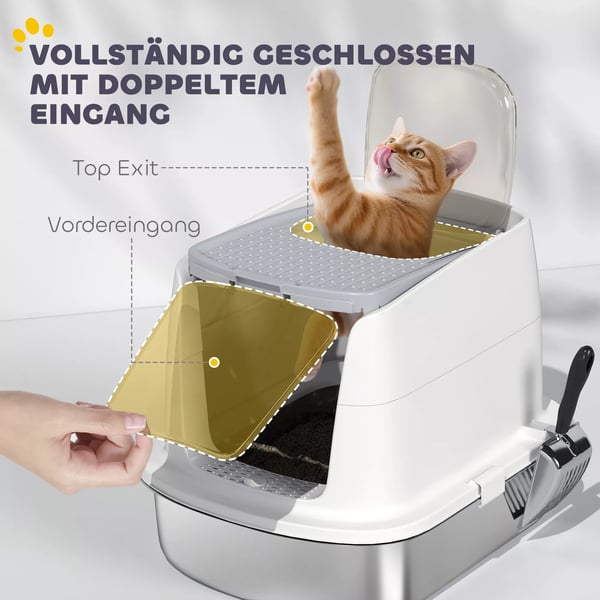 PawHut kattebakke i rustfrit stål, lukket kattebakke med skovl, lugtposer, indgang og udgang