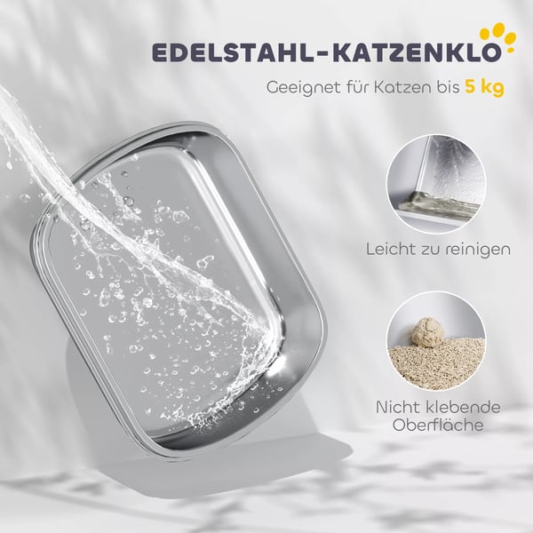 PawHut kattebakke i rustfrit stål, lukket kattebakke med skovl, lugtposer, indgang og udgang