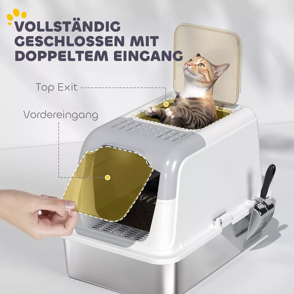 PawHut Kattebakke med Låg, Rustfrit Stål/Plast, Hvid, Front- og Topindgang, Inkl. Skovl