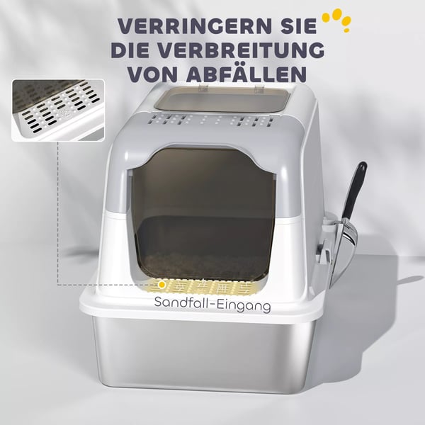 PawHut Kattebakke med Låg, Rustfrit Stål/Plast, Hvid, Front- og Topindgang, Inkl. Skovl