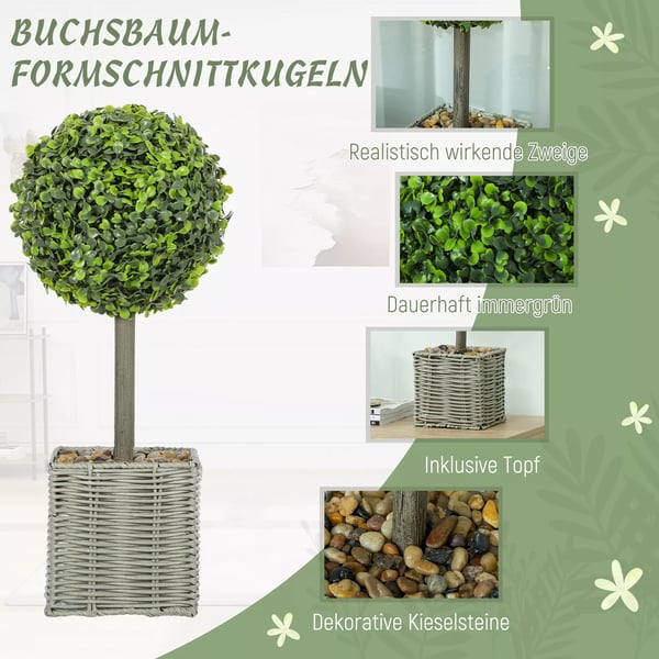 HOMCOM 2 stk Kunstige Buksbom Planter, UV-bestandige, Plastik, Cement, Grøn - Indendørs/Udendørs Dekoration.