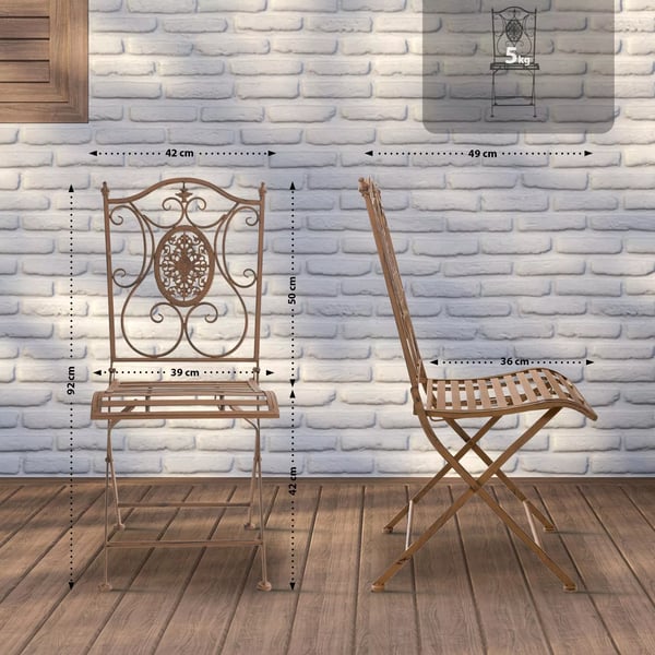 Sæt med 2 Sibell Antik Brune Metal Foldbare Havestole med Håndlavede Detaljer