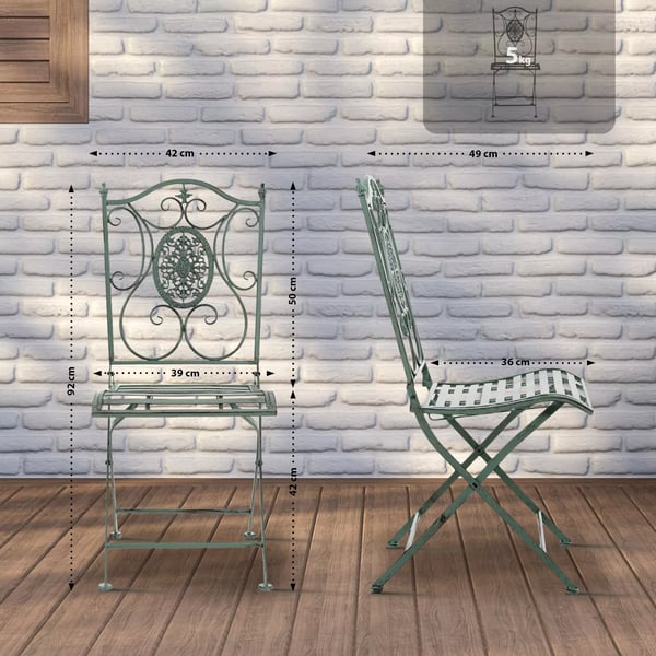 2-delt sæt Sibell havestole, antikgrøn metal, foldbare, håndlavede