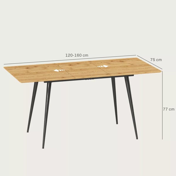 HOMCOM Udtrækkeligt Spisebord 120/160 x 75 cm i Naturtræ og Stål - Ideel til 6-8 Personer