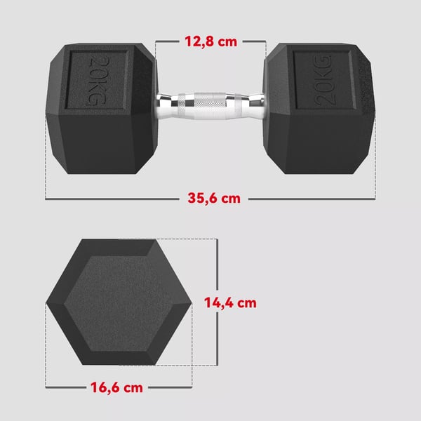 Seks-kantet Håndvægt, 20 KG, Sort Metal med Gummi-belægning - Perfekt til Træning Hjemme og i Fitnesscentret
