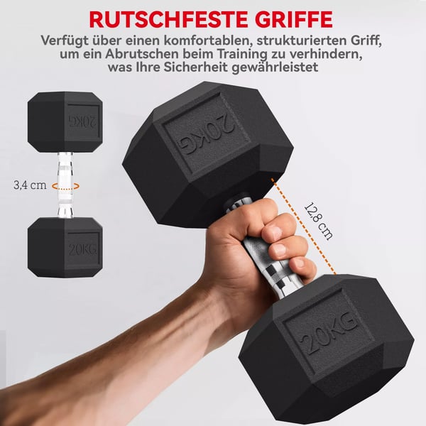 Seks-kantet Håndvægt, 20 KG, Sort Metal med Gummi-belægning - Perfekt til Træning Hjemme og i Fitnesscentret