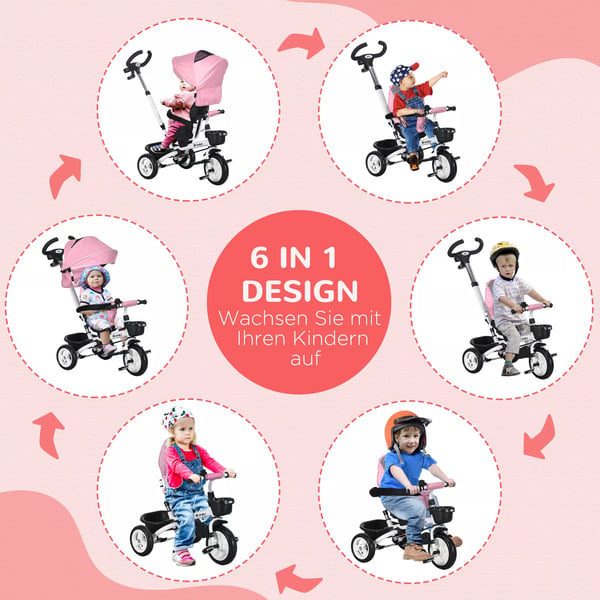 HOMCOM 2-i-1 Trehjulet Cykel med Skubbe- og Solskærm, Foldbar, Drikkeholder, Kurv - Lyserød (1-5 år)