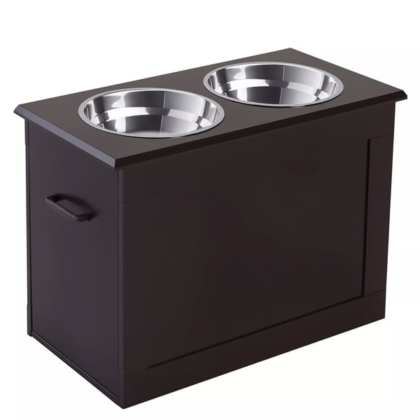 PawHut Forhøjet Hundeskål med Opbevaring - 2 Skåle i Rustfrit Stål, Espresso MDF - 60x30x41 cm