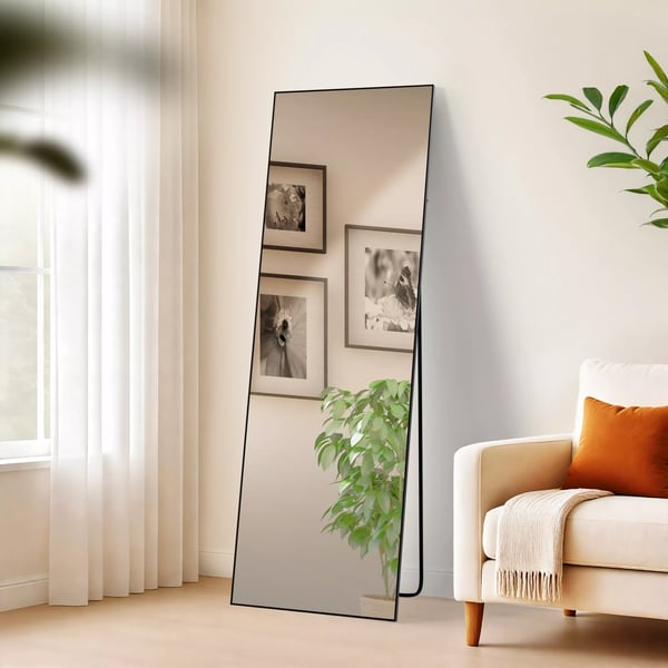 Benicia Sort-Mat Metalramme Stående eller Vægspejl, 150x50 cm, Klart Glas