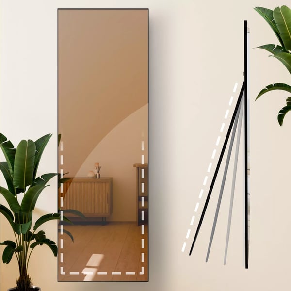 Benicia Sort-Mat Metalramme Stående eller Vægspejl, 150x50 cm, Klart Glas