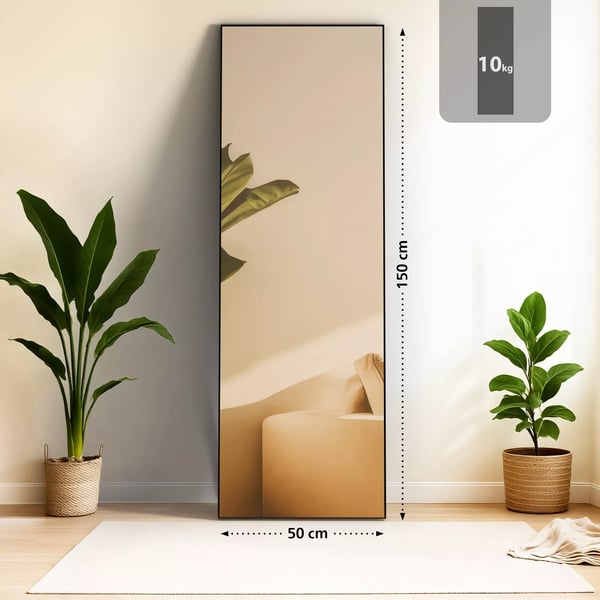 Benicia Sort-Mat Metalramme Stående eller Vægspejl, 150x50 cm, Klart Glas