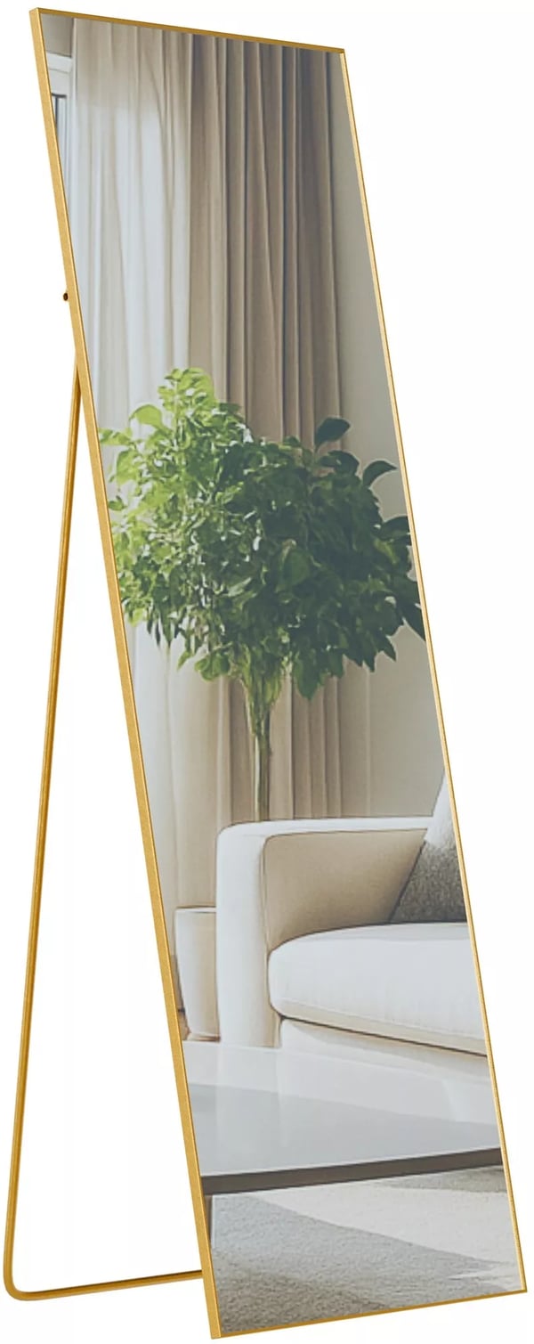 Benicia 150x50 cm Stående og Vægspejl - Blank Guld Metalramme, Klart Glas