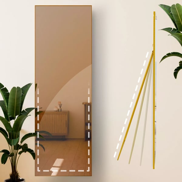 Benicia 150x50 cm Stående og Vægspejl - Blank Guld Metalramme, Klart Glas