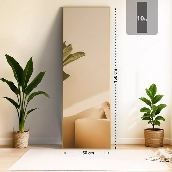 Benicia 150x50 cm Stående og Vægspejl - Blank Guld Metalramme, Klart Glas