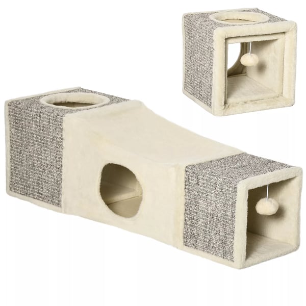 PawHut kattetunnel med legekugle katteligtøj, legetunnel af sisal, brun+beige, 98x30x30 cm
