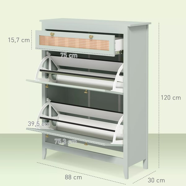 HOMCOM Skoskab med 2 klapper 12 par sko, grøn, træmateriale 88x30x120 cm