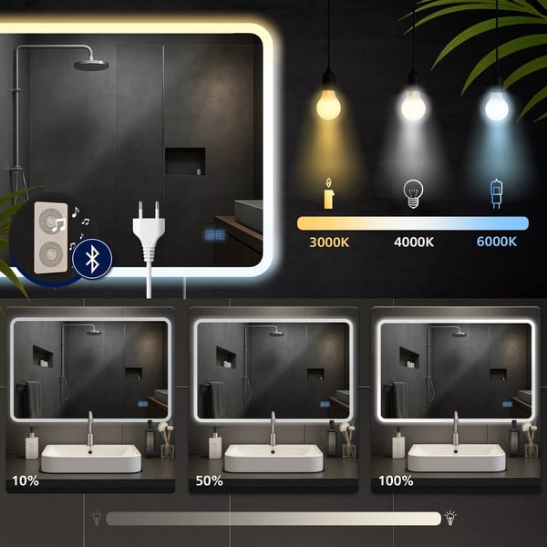 Kylpyhuoneen peili LED-valolla ja Bluetoothilla, 70x100 cm