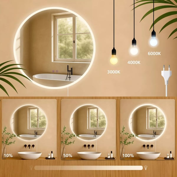 Laconia 70 cm rundt badeværelsesspejl med LED-belysning, dæmpbart, anti-dug, IP44, klart glas