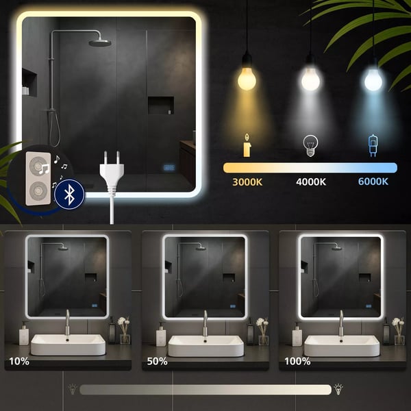 Jericho 80x80cm badeværelsesspejl med Bluetooth, LED-belysning, anti-dug og touch-kontrol - Klart glas