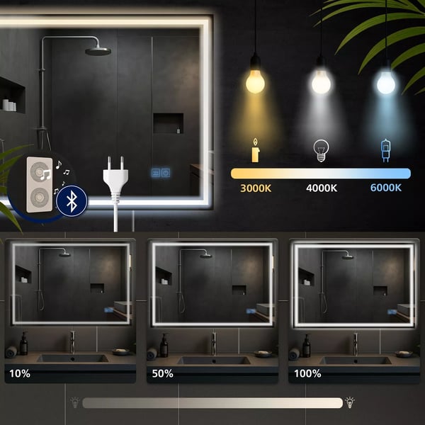 Kylpyhuoneen LED-peili Jaffrey 70x100cm, Bluetooth, himmennettävä, huurtumisenesto, IP44