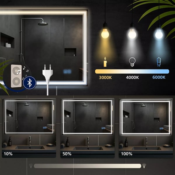 Jaffrey 60x80cm LED badeværelsesspejl med Bluetooth, anti-dug og dæmpbart lys - klart glas