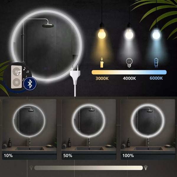 Pyöreä Kylpyhuonepeili Bluetoothilla ja LED-valolla - Himmennettävä, Huurtumaton, IP44
