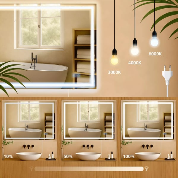 Jaffrey Badeværelsesspejl 70x100cm - Klart Glas, LED Belysning, Anti-dug, IP44